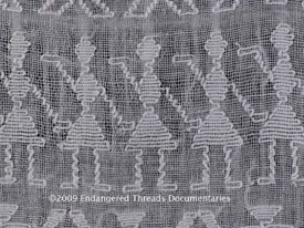 Picb'il design of women or female dolls (muñecos SP) made by supplementary weft brocade on a spaced or gauze weave textile on a backstrap loom.