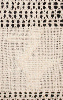This textile shows bands of twisted open weave that alternate with bands of plain weave into which supplementary weft designs of ducks are woven.  Photo by Kathleen Mossman Vitale 2005.