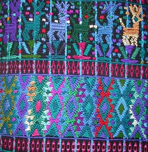 This textile was woven by Catalina Lopez Sajvin on a back strap loom and make into calf-length pants for her father, Luis Lopez Ordoñez.  Luis is one of only nine men in the community that still wear the traditional pants.  Photo by Kathleen Mossman Vitale 2005.